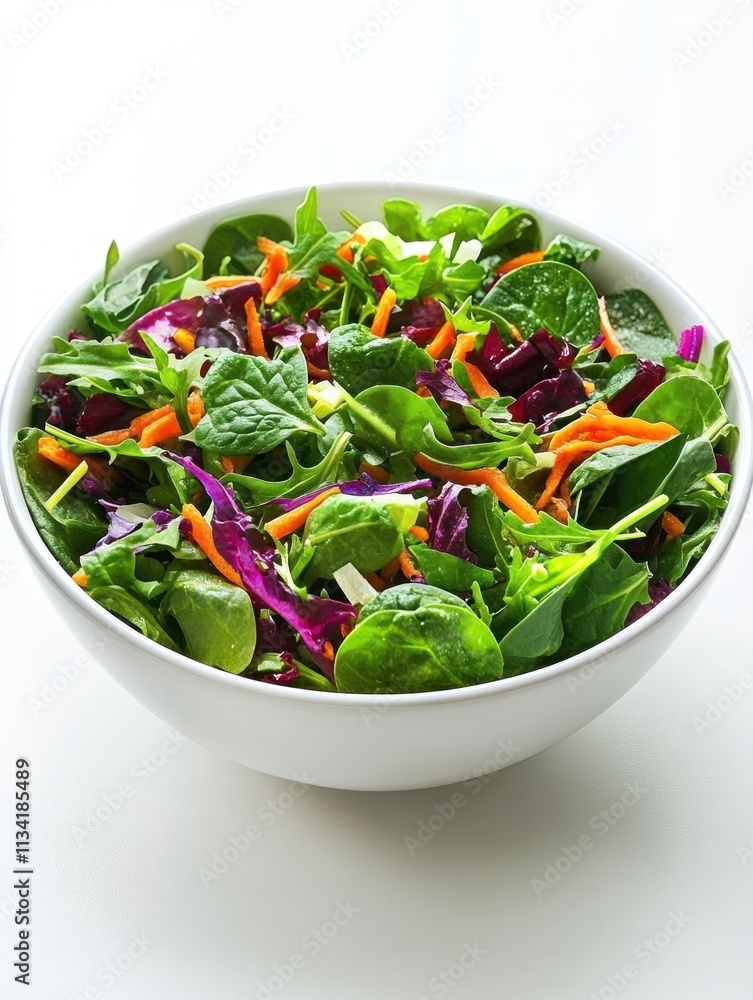 A fresh salad featuring leafy greens, carrots, and beets in a white bowl. A fresh salad featuring leafy greens, carrots, and beets in a white bowl.