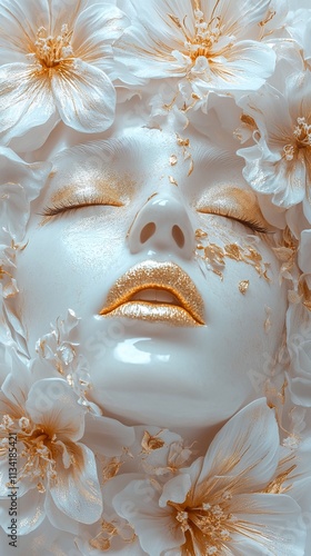 Serene Elegance: A Mask of Tranquility Amidst Golden Blossoms. photo