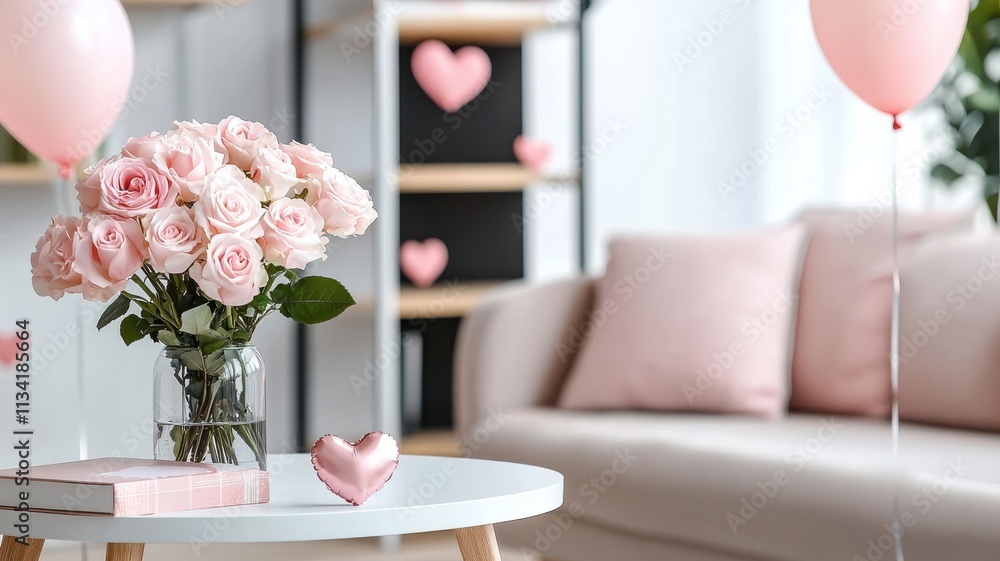 A cozy, romantic living space featuring pink roses, heart-shaped decorations, and balloons, perfect for celebrations like Valentine's Day. A cozy, romantic living space featuring pink roses, heart-shaped decorations, and balloons, perfect for celebrations like Valentine's Day.