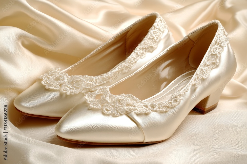 Obraz premium Elegant White Satin Wedding Shoes with Lace Detail
