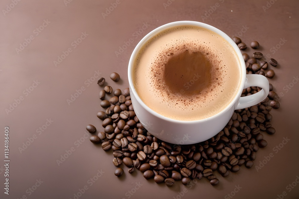 Cup of coffee with coffee beans on mocha mousse color background with copy space. Cup of coffee with coffee beans on mocha mousse color background with copy space.