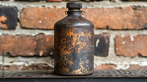 A vintage metal canister with a rustic finish, likely used for storage or transport.