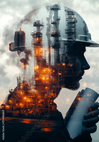 Worker contemplates progress at industrial site. A thoughtful worker stands in front of a towering industrial facility, reflecting on innovation and industry growth.