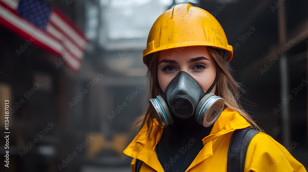 A woman adorned in a vibrant yellow helmet and protective gas mask stands confidently in a hazardous work environment. Her sturdy attire hints at the dangerous nature of her surroundings A woman adorned in a vibrant yellow helmet and protective gas mask stands confidently in a hazardous work environment. Her sturdy attire hints at the dangerous nature of her surroundings