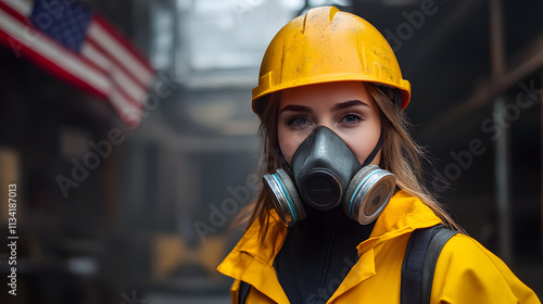 A woman adorned in a vibrant yellow helmet and protective gas mask stands confidently in a hazardous work environment. Her sturdy attire hints at the dangerous nature of her surroundings