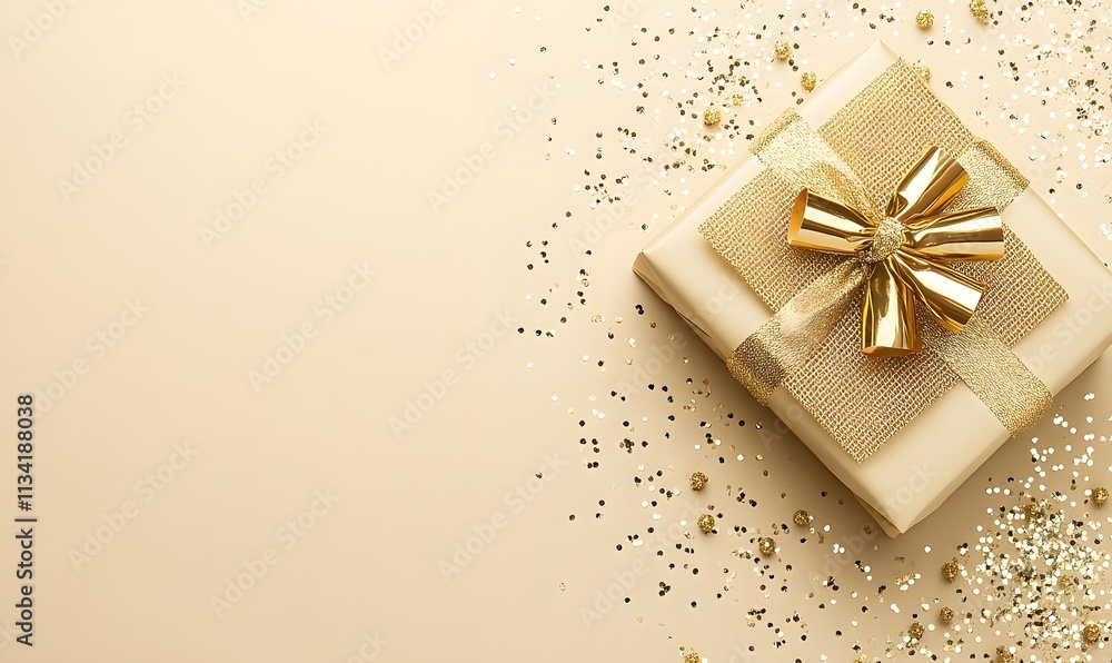 Gift box with gold ribbon, confetti on neutral background. Gift box with gold ribbon, confetti on neutral background.