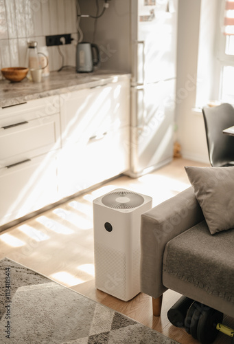 Stylish air purifier from dust and viruses in the interior of the apartment next to the sofa in the kitchen. Health and technology.