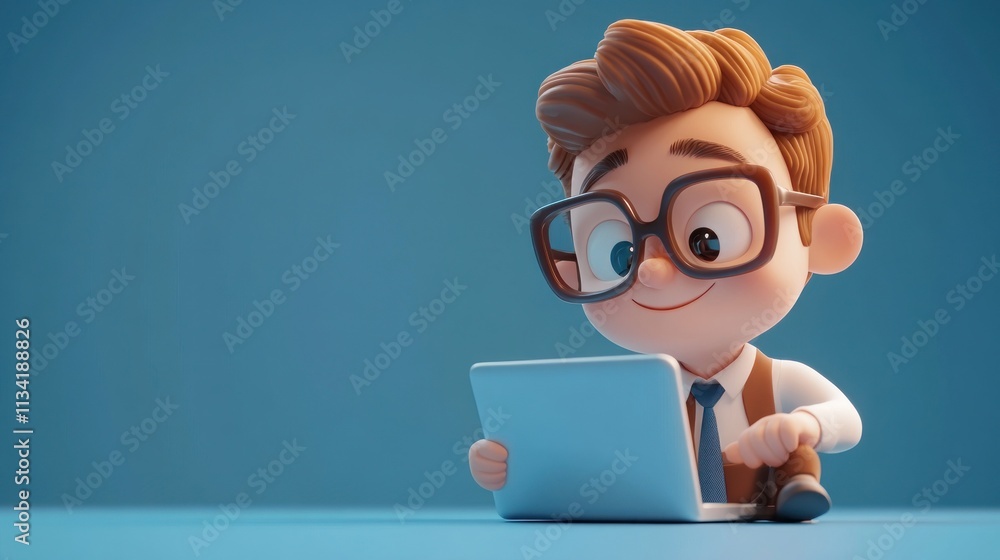 Cartoon businessman character sits and uses laptop. Cartoon businessman character sits and uses laptop.