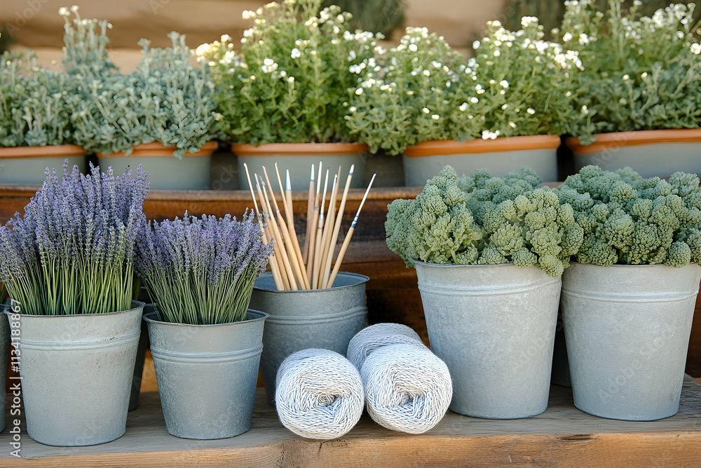 Fototapeta premium Tranquil garden scene featuring lavender, other plants, paintbrushes, and yarn in galvanized metal pots. Rustic and calming aesthetic.