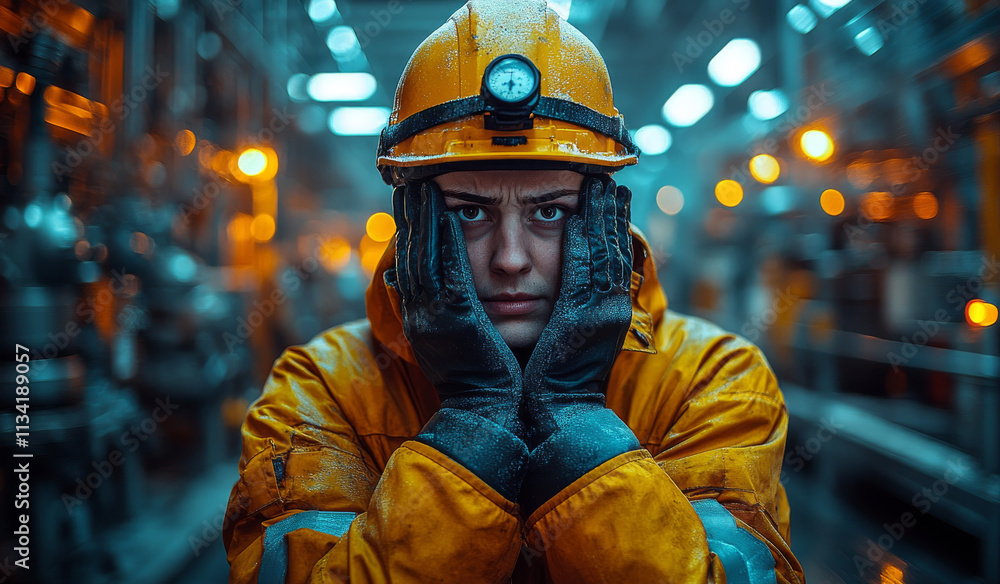 Worker in protective gear at industrial facility. A worker in an orange safety suit and helmet shows concern at a busy industrial site filled with machinery. Worker in protective gear at industrial facility. A worker in an orange safety suit and helmet shows concern at a busy industrial site filled with machinery.
