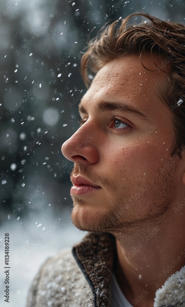 Obraz premium Close-up of a male model’s flawless face sunrise in winter