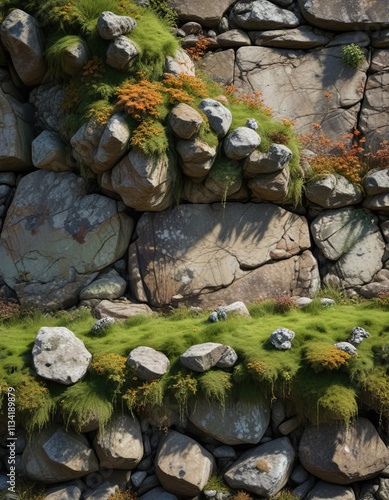 Weathered stone wall with moss and lichen covering , moss, terrain photo