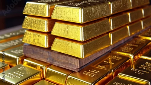 Piles of Gleaming Gold Bars Stacked Neatly on Wooden Base photo