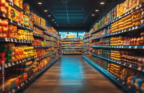 Grocery store aisle lined with various products. Brightly lit grocery aisle features shelves stacked with colorful packaged goods ready for customer shopping.