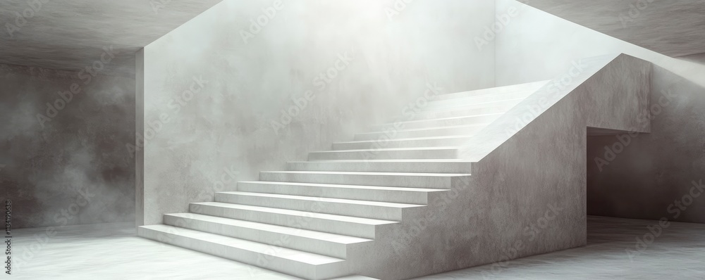 A minimalistic stairway in a foggy, modern space.