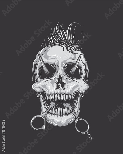 Barbershop logo. Skull with mohawk and scissors in mouth coming out of eyes. Original vector illustration in vintage style. T-shirt design.