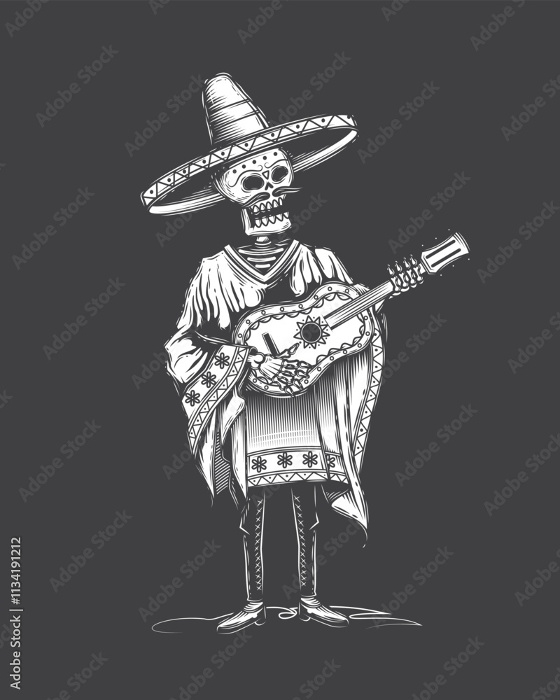 Obraz premium A skeleton in a sombrero with a guitar in his hands. Original vector illustration in vintage style. T-shirt design.