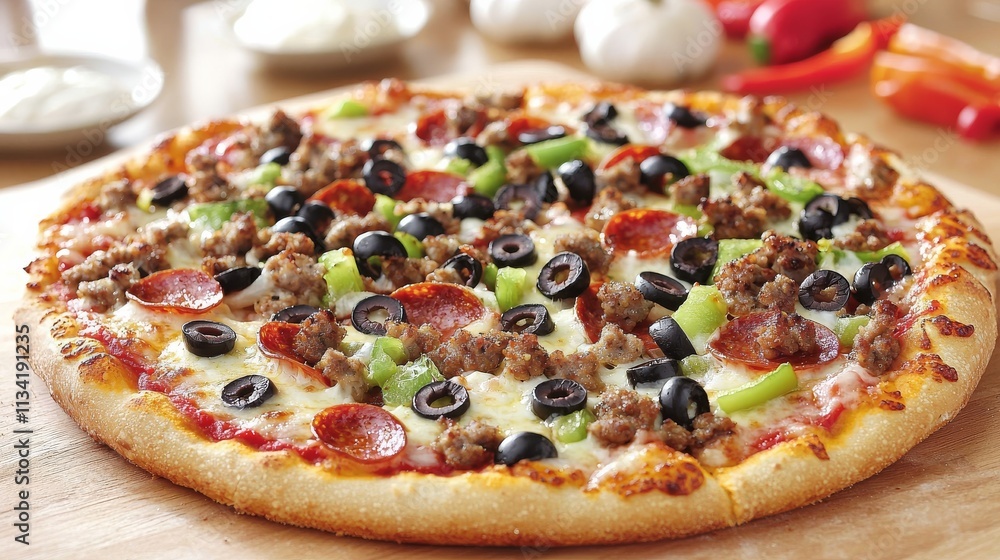 A delicious pizza topped with pepperoni, sausage, olives, and green peppers, served on a wooden board, with garlic and spices in the background. A delicious pizza topped with pepperoni, sausage, olives, and green peppers, served on a wooden board, with garlic and spices in the background.