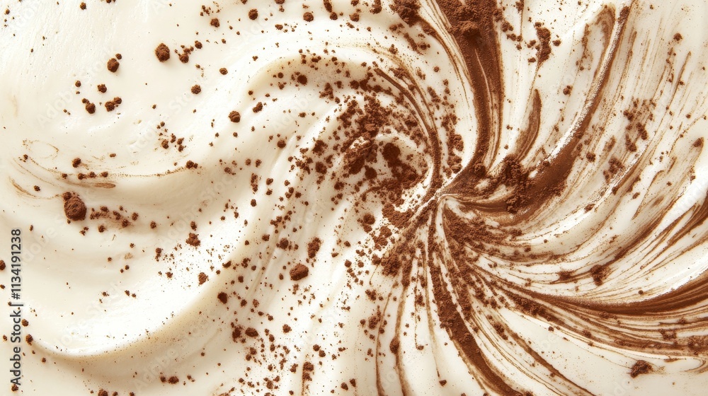 A close-up of cocoa powder sprinkled on creamy swirls creates an artistic and textured abstract pattern. A close-up of cocoa powder sprinkled on creamy swirls creates an artistic and textured abstract pattern.