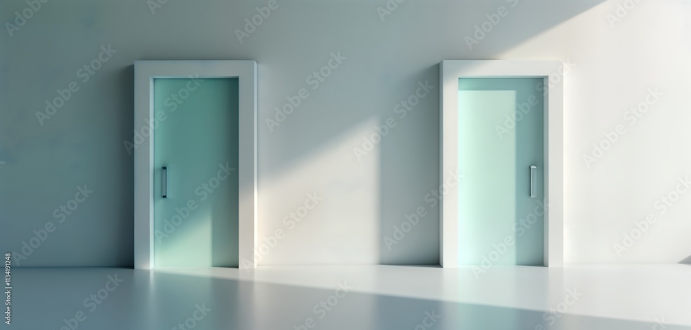 Fototapeta premium Modern minimalist interior with two doors. Empty room clean lines, simple design. Light subtly touches walls creating soft shadows. Open spaces suggest possibilities. Interior design concept for