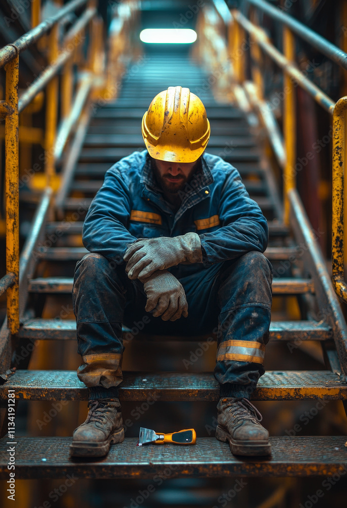 Worker resting on stairs after shift. A worker in a hard hat sits on metal stairs, reflecting on a demanding day in a gritty industrial environment. Worker resting on stairs after shift. A worker in a hard hat sits on metal stairs, reflecting on a demanding day in a gritty industrial environment.