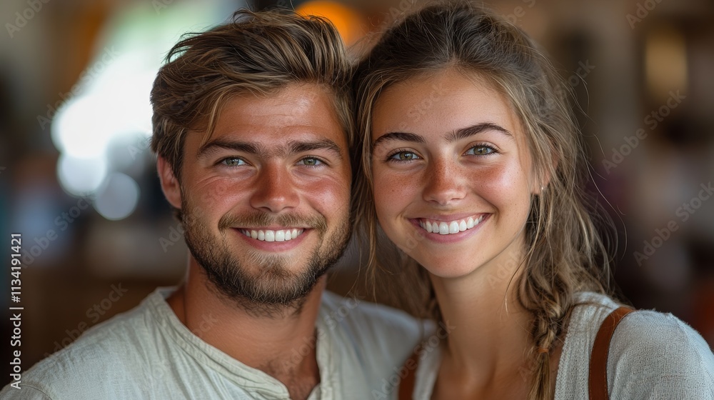 Close-up of a joyful couple smiling cheerfully indoors, capturing a warm and positive moment of togetherness and happiness. Close-up of a joyful couple smiling cheerfully indoors, capturing a warm and positive moment of togetherness and happiness.