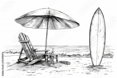 Beach with umbrella, loungers and surf. Pencil sketch