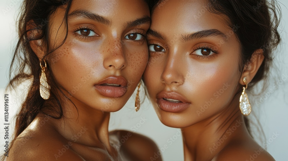 Two stunning women with glowing skin and elegant earrings, showcasing natural beauty in a close-up portrait. Two stunning women with glowing skin and elegant earrings, showcasing natural beauty in a close-up portrait.