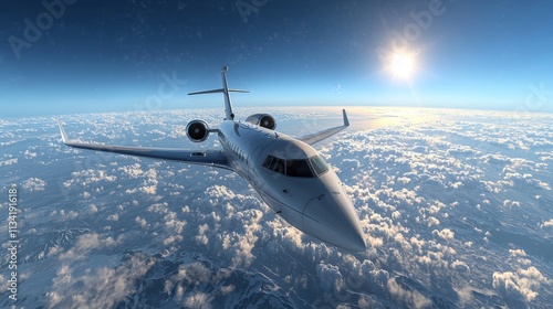 A sleek private jet soars above a sea of clouds under a bright sunlit sky, showcasing luxury air travel. photo