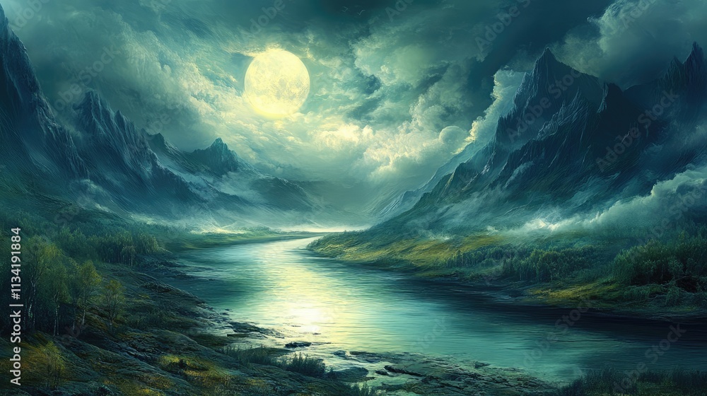 the river with the moon. bizarre landscape conceptual visual art natural fantasy art. the river with the moon. bizarre landscape conceptual visual art natural fantasy art.