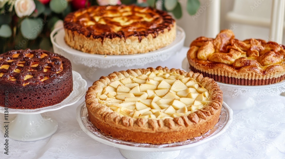 A collection of delicious homemade apple and berry pies on elegant cake stands, perfect for dessert inspiration and baking ideas. A collection of delicious homemade apple and berry pies on elegant cake stands, perfect for dessert inspiration and baking ideas.