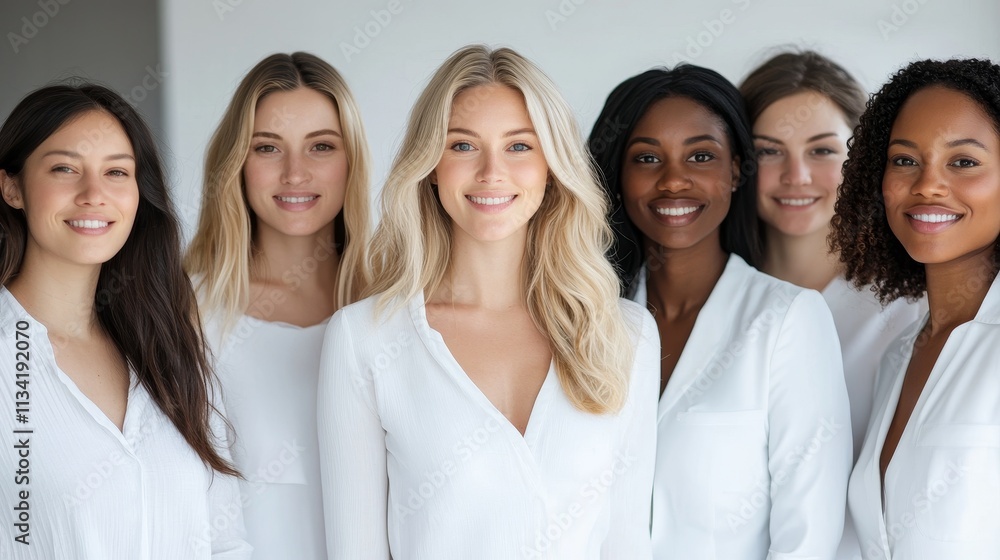 A diverse group of women smiling confidently, showcasing unity and friendship in a bright setting. A diverse group of women smiling confidently, showcasing unity and friendship in a bright setting.