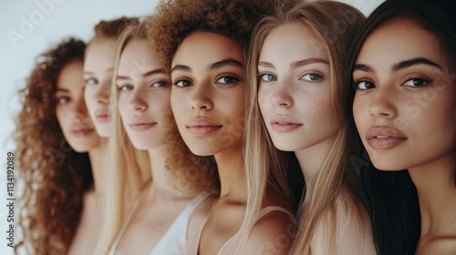 Group of young diverse women posing closely, showcasing unity and empowerment, with a focus on beauty and natural features.