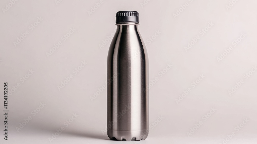 A modern reusable stainless steel water bottle, isolated on a white background A modern reusable stainless steel water bottle, isolated on a white background