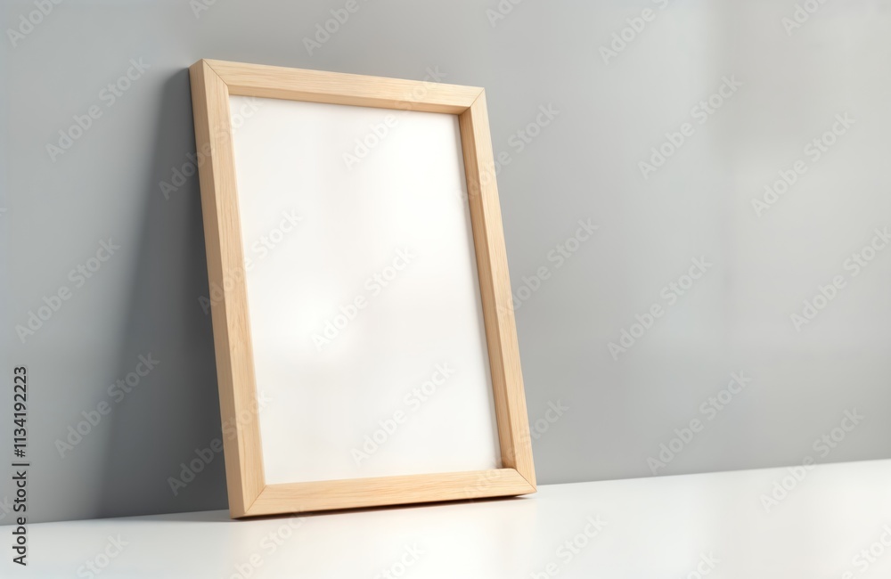 Light wooden picture frame leans against light background. Simple design minimalist photo frame. Empty frame ready for image. Minimalist style. Modern design. Versatile photo prop. Blank frame. Light wooden picture frame leans against light background. Simple design minimalist photo frame. Empty frame ready for image. Minimalist style. Modern design. Versatile photo prop. Blank frame.