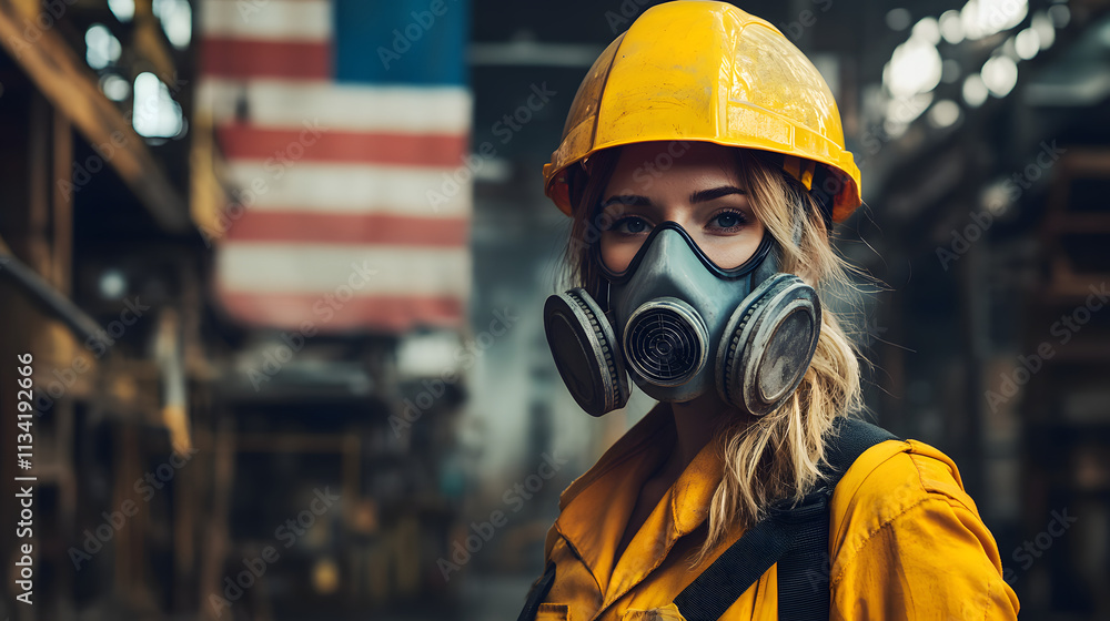A woman adorned in a vibrant yellow helmet and protective gas mask stands confidently in a hazardous work environment. Her sturdy attire hints at the dangerous nature of her surroundings A woman adorned in a vibrant yellow helmet and protective gas mask stands confidently in a hazardous work environment. Her sturdy attire hints at the dangerous nature of her surroundings