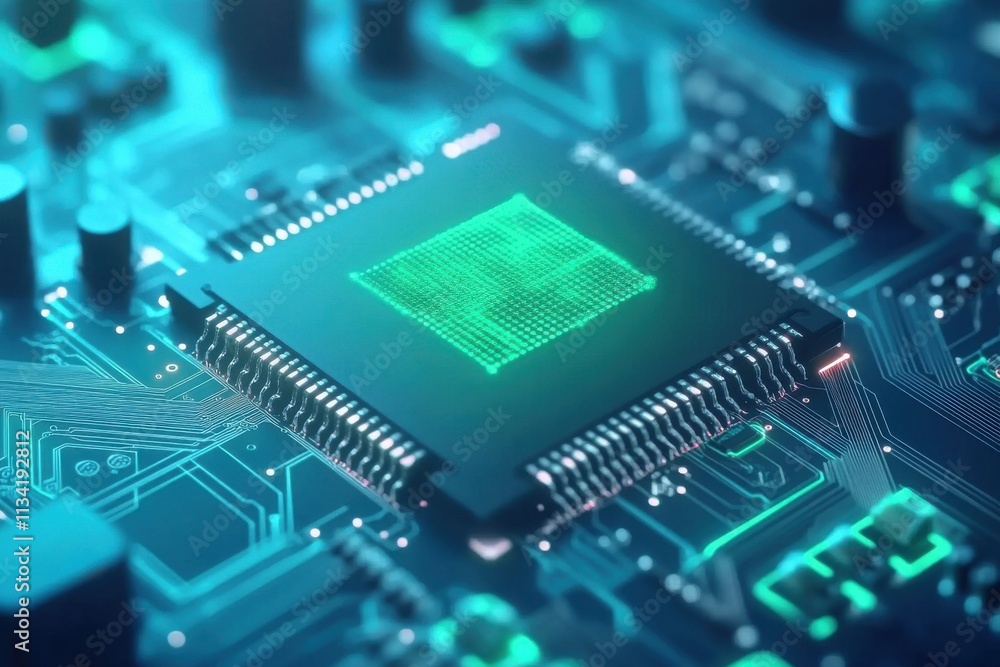 Abstract Close-Up of a Computer Microchip with Glowing Green Patterns on a Digital Circuit Board Representing Modern Technology and Innovation in Electronics Abstract Close-Up of a Computer Microchip with Glowing Green Patterns on a Digital Circuit Board Representing Modern Technology and Innovation in Electronics