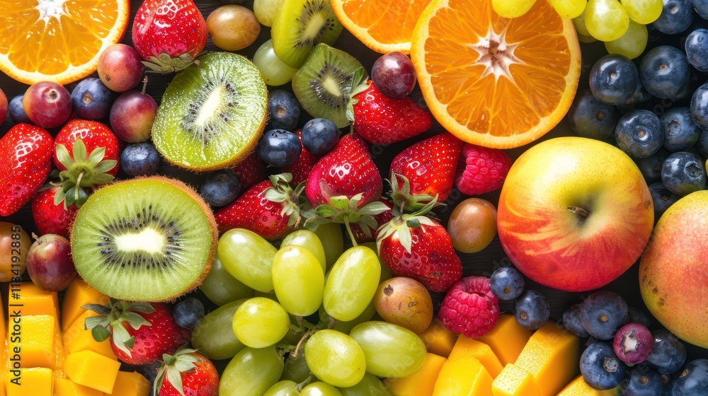 A vibrant assortment of fresh fruits including strawberries oranges kiwis and grapes showcasing a colorful and healthy spread. A vibrant assortment of fresh fruits including strawberries oranges kiwis and grapes showcasing a colorful and healthy spread.