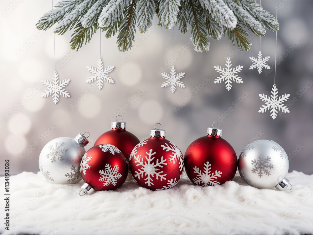 Obraz premium Festive Christmas design with red gifts and fir-tree branches on a white background, perfect for New Year celebrations, featuring copy space image.
