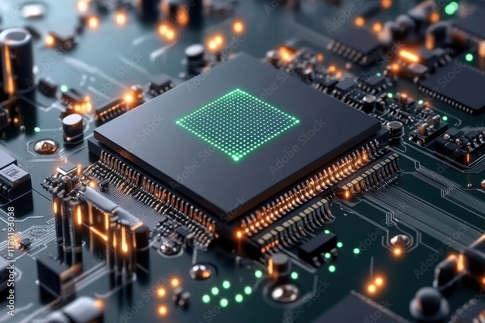 Close-up View of a Modern Computer Chip on a Circuit Board Surrounded by LED Lights and Electronic Components for Technology and Innovation Concepts Close-up View of a Modern Computer Chip on a Circuit Board Surrounded by LED Lights and Electronic Components for Technology and Innovation Concepts