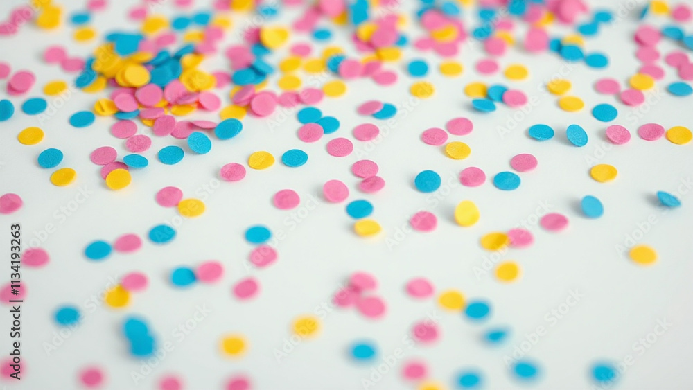 Confetti on white background: A vibrant close-up of colorful confetti in shades of pink, blue, and yellow cascading against a clean white background Confetti on white background: A vibrant close-up of colorful confetti in shades of pink, blue, and yellow cascading against a clean white background