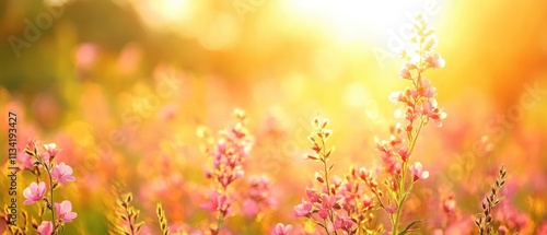 A serene field of blooming flowers illuminated by warm sunlight.