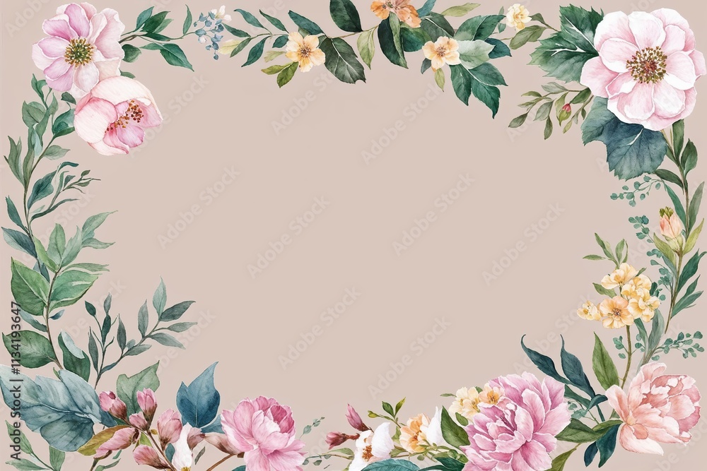 Fototapeta premium Tranquil Watercolor Botanical Collection Featuring Floral Borders and Lush Foliage for Invitations and Home Decor