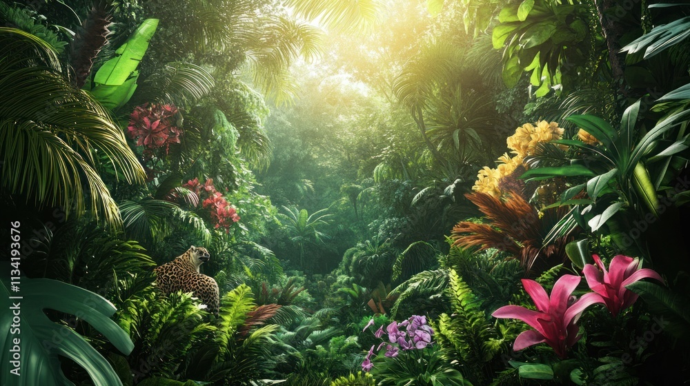 Obraz premium Lush tropical rainforest with vibrant flora and fauna, sunlight filtering through dense canopy.