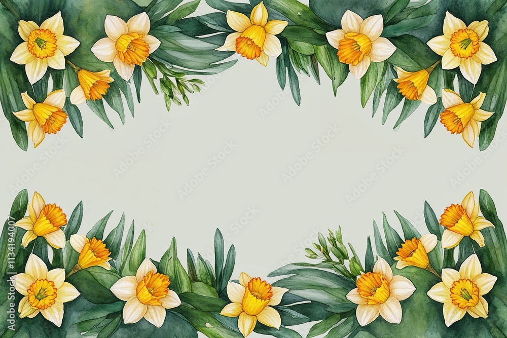 Fototapeta premium Spring Watercolor Seamless Border Featuring Soft Yellow Daffodils and Vibrant Greenery for Celebrations and Greeting Cards