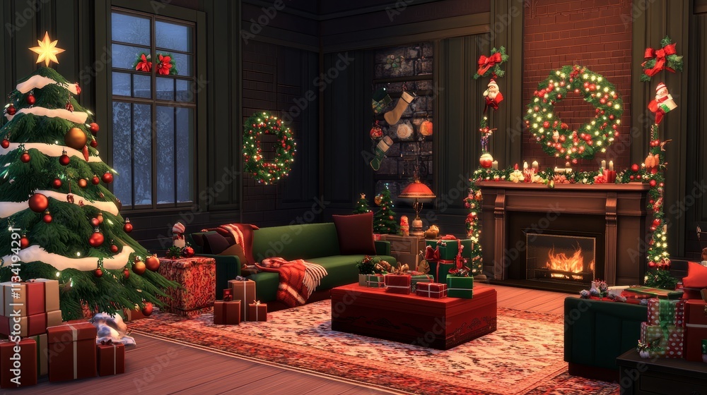 A cozy, colorful living room setup featuring holiday-themed decor, a twinkling Christmas tree, and gift boxes waiting to be opened A cozy, colorful living room setup featuring holiday-themed decor, a twinkling Christmas tree, and gift boxes waiting to be opened