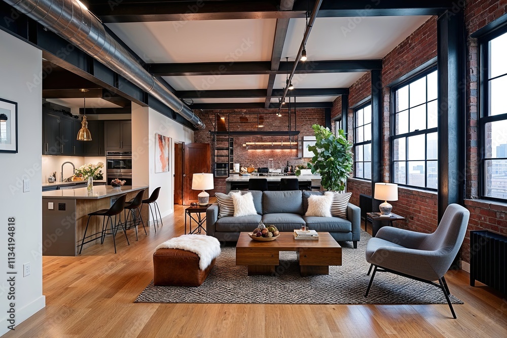 Naklejka premium Contemporary Industrial Loft Design Featuring Cozy Living Area and Elegant D�cor