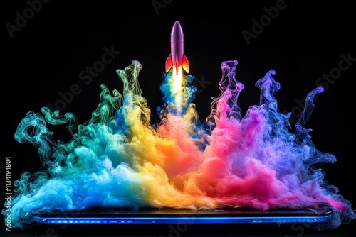 A Colorful Rocket Launching from a Smartphone Surrounded by Vibrant Smoke in a Dark Environment, Symbolizing Technology and Innovation