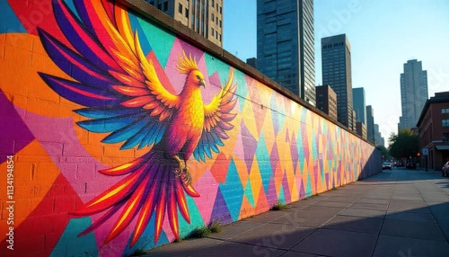 Vibrant mural of a colorful bird on a city wall in an urban landscape