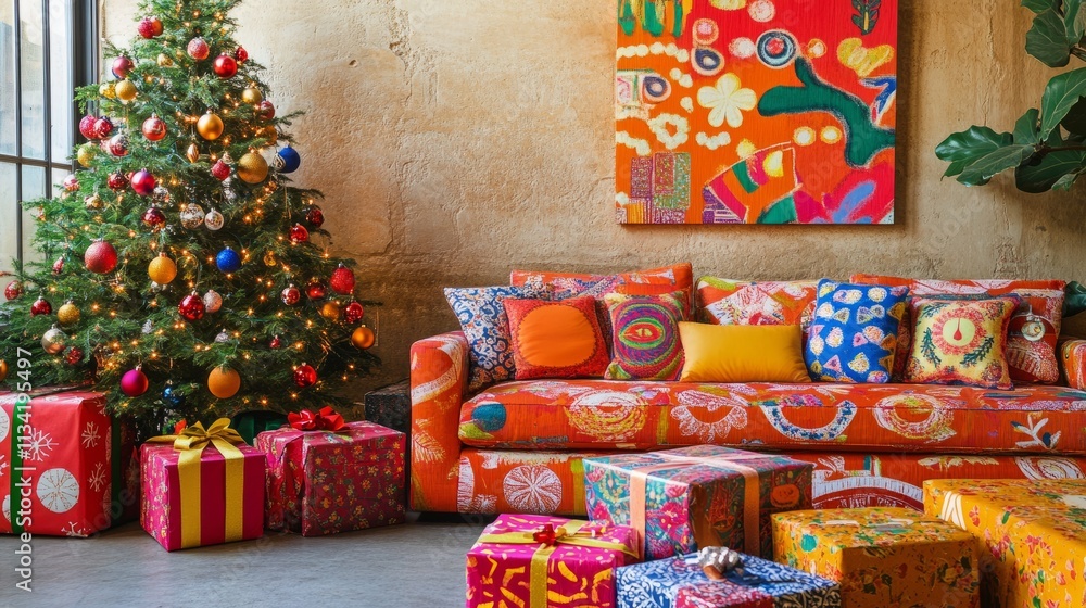 A lively living room with a sparkling Christmas tree, colorful holiday cushions, and presents wrapped in cheerful patterns under it A lively living room with a sparkling Christmas tree, colorful holiday cushions, and presents wrapped in cheerful patterns under it